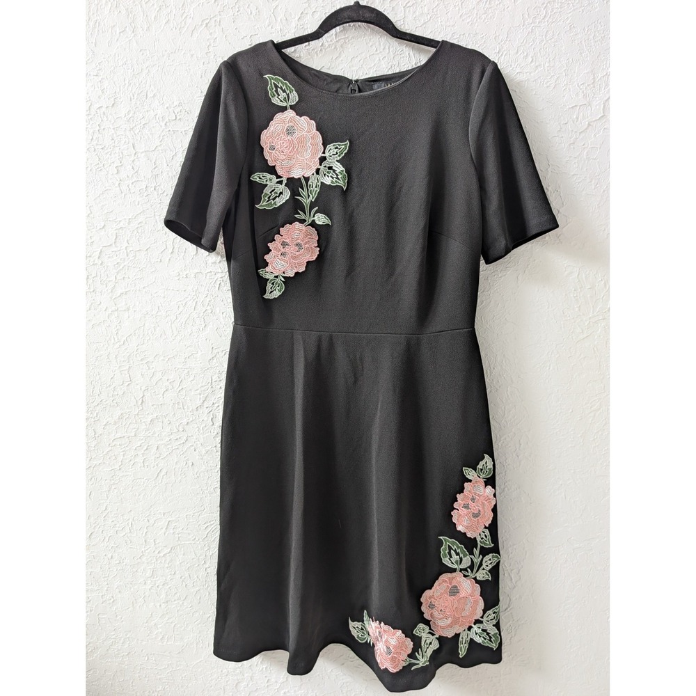 JAX Fit & Flare Dress Women 12 Black Pink Floral Applique Dark Cottagecore